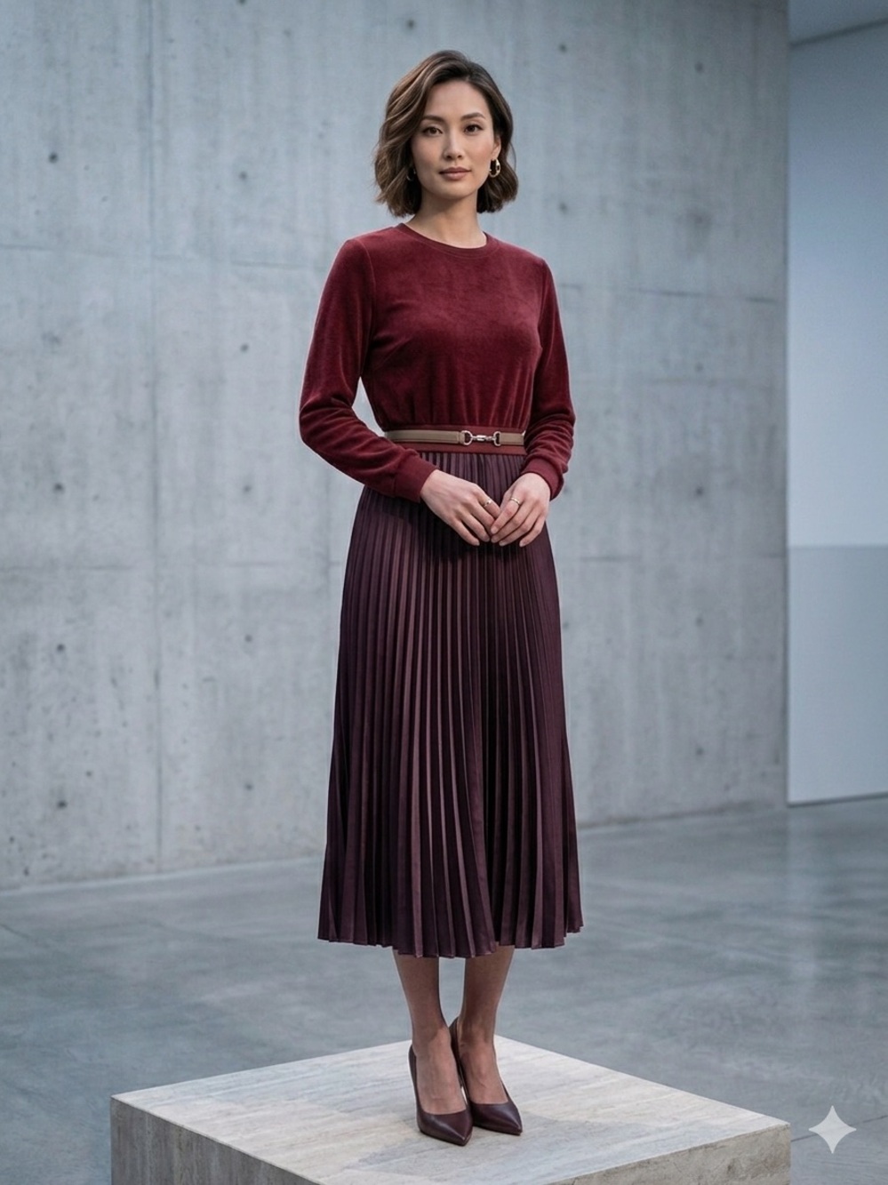Burgundy Two-Piece Pleated Skirt Set long sleeve jumper dress crew neck maxi